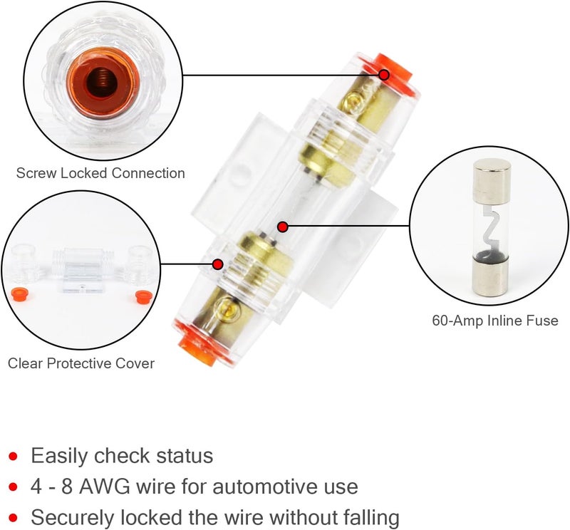 HBU 8 Gauge Amplifier Wiring Kit - High Current 8 AWG Car Audio Complete Amp Install Kit with RCA Interconnect Cables & 60A AGU Inline Fuse - Truck, Boat, Trailer Radio Circuit Protection - Image 4